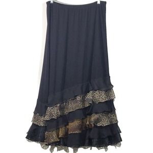 Not for Sale Dahnke Black Elastic Waist Animal Print Ruffles Long Maxi Skirt